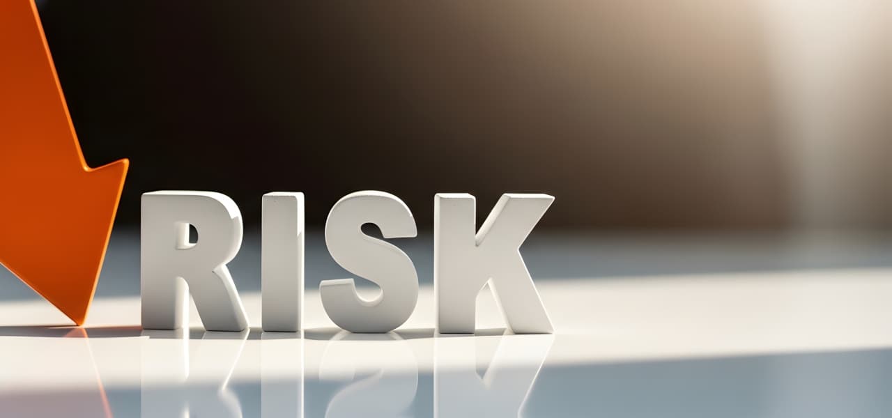 Risiko 1 A Header (jpg) | Motiv ©Rezmin-stock.adobe.com | © stock.adobe.com, Juni 2026 Eine Hand hält einen orangefarbenen Pfeil, der auf einem weißen Schreibtisch nach unten auf einen Textblock zum Thema „Risiko“ zeigt. | Motiv ©Rezmin-stock.adobe.com | © stock.adobe.com, Juni 2026