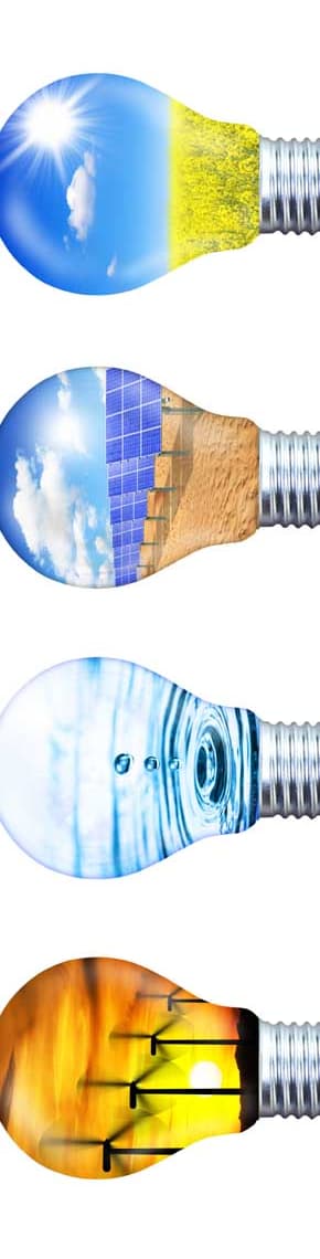 Umwelt | Motiv ©Thaut Images - stock.adobe.com | © stock.adobe.com, September 2020 Glühbirnen, in denen die alternativen Energiequellen Wind, Wasser, Photovoltaik und Sonne eingeblendet werden. | Motiv ©Thaut Images - stock.adobe.com | © stock.adobe.com, September 2020