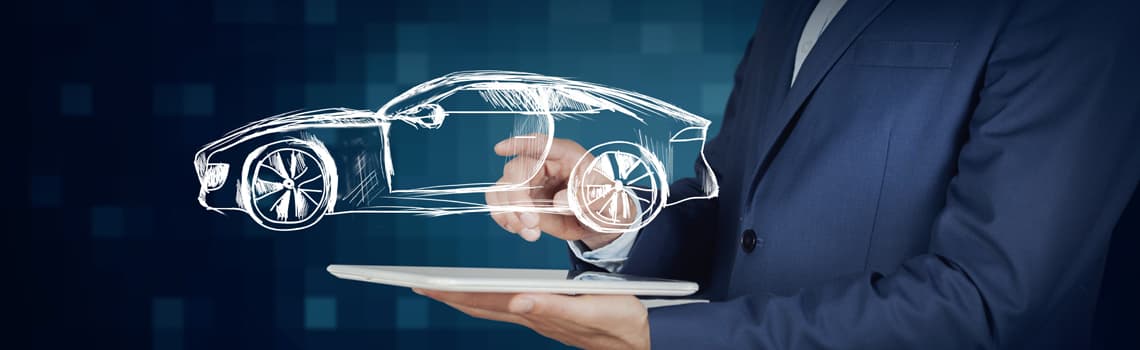 auto | Motiv ©TIKO - stock.adobe.com | © stock.adobe.com, Oktober 2020 Mann im Anzug hält ein Tablet in der Hand, auf dem ein gezeichneter Sportwagen schwebt | Motiv ©TIKO - stock.adobe.com | © stock.adobe.com, Oktober 2020