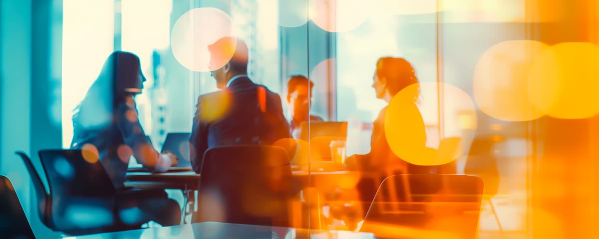 Meeting (jpg) | Motiv ©stock.adobe.com - mozZz | © stock.adobe.com, Oktober 2024 vier Personen in einem Meetingraum hinter einer Glasscheibe mit Reflexionen | Motiv ©stock.adobe.com - mozZz | © stock.adobe.com, Oktober 2024