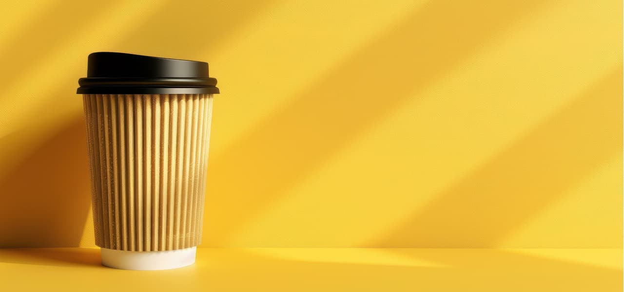 Verpackung 1 A Header (jpg) | Motiv ©CrazyJuke-stock.adobe.com | © stock.adobe.com, März 2025 Brauner Pappbecher vor gelbem Hintergrund. | Motiv ©CrazyJuke-stock.adobe.com | © stock.adobe.com, März 2025